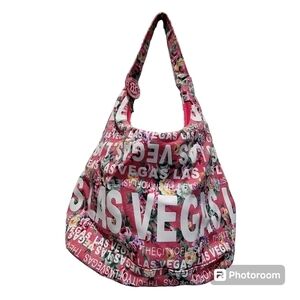 100% Cotton Pink White Canvas Las Vegas Tote Bag Hobo Travel VCAY Beach